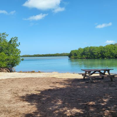 pic of a picnic table next to the gulf